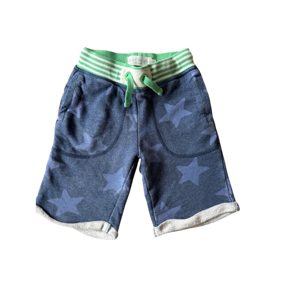 Mini Boden Navy Star Print Jersey Shorts Boys 5Y Green Stripe Waistband